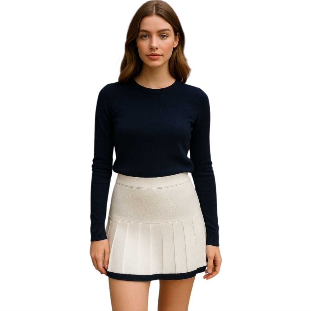 Freshman 1996 White Pleated Knit Mini Skirt Black Hem Y2K Preppy Size M